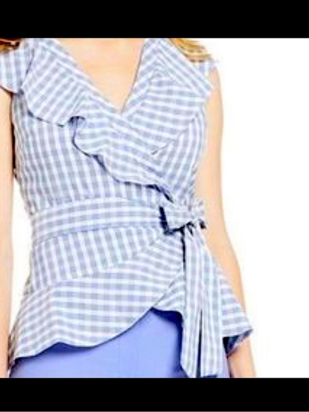 NWT ANTONIO MELANI Caroline true wrap Light Blue Gingham Ruffle blouse size 2/4